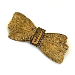 Art Deco Style Gold Tone Bow Brooch Initial J